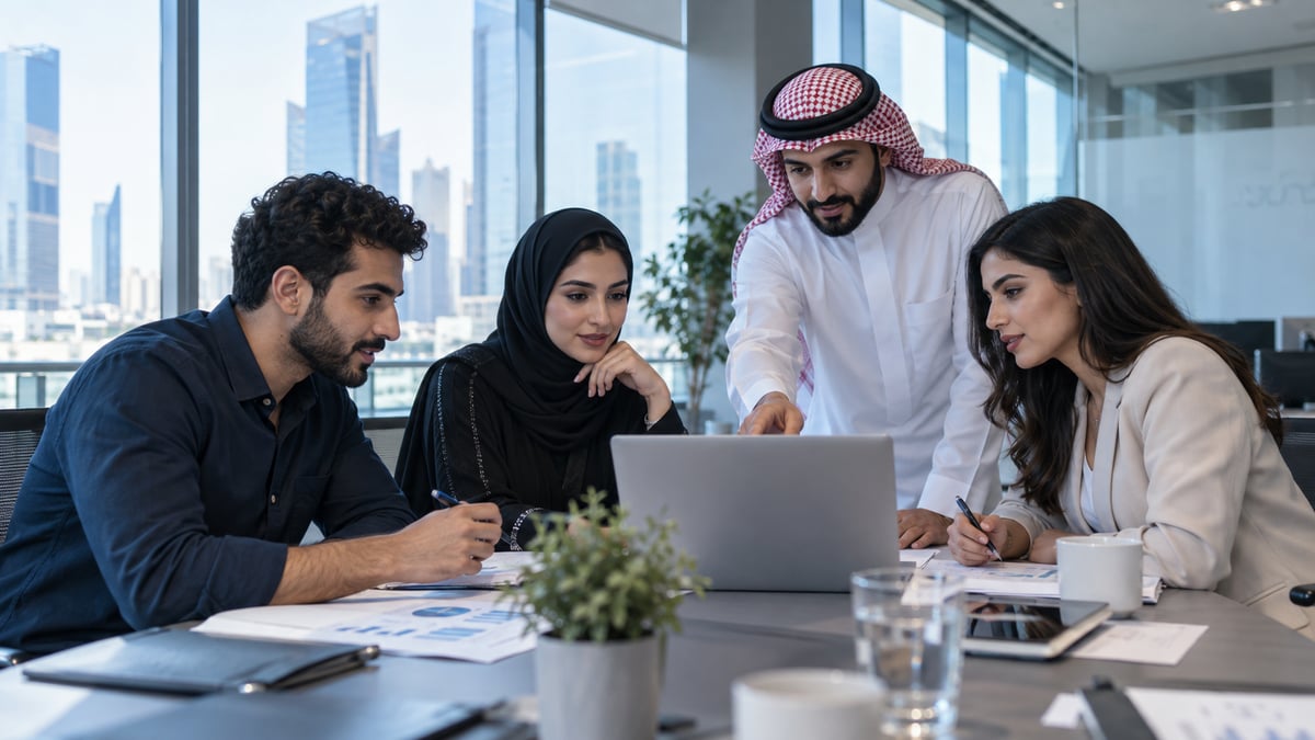 Business professionals collaborating around a meeting table